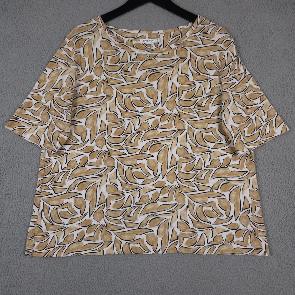 Chicos Shirt Women 3 US XL White Tan Modern Jewel Neck Abstract Tee Elbow Sleeve